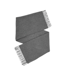 Reiss charcoal ribbed scarf with fringe ends, laid flat to show full length and texture