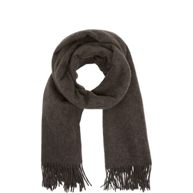 Reiss Mocha Brown woven scarf with fringed ends, coiled to show full length and soft texture