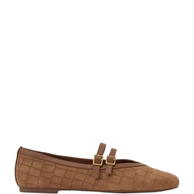 Reiss brown croc-embossed suede flat Mary Jane shoes with double gold-buckle straps and square toe