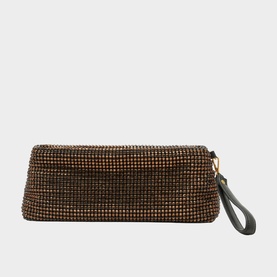 Reiss chocolate crystal-embellished clutch bag with wrist strap and gold-tone zip fastening