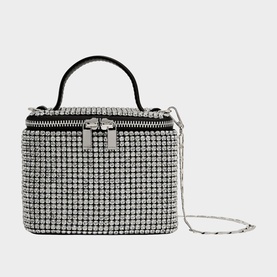 Reiss silver crystal-embellished box bag with black top handle, zip closure, and silver chain strap