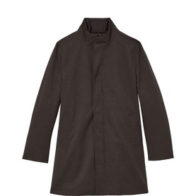 Reiss dark brown single-breasted overcoat with stand collar and concealed button placket