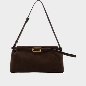 Reiss chocolate brown suede shoulder bag with gold buckle hardware and adjustable strap