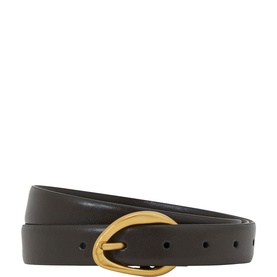 Reiss chocolate leather belt with gold-tone oval buckle, coiled to show punched holes and slim strap width