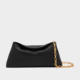 Reiss black leather clutch bag with chunky gold chain shoulder strap and gathered centre detail