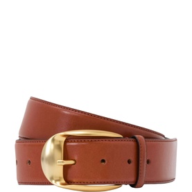 Reiss brown leather belt with oval gold-tone buckle and punched holes, women's style