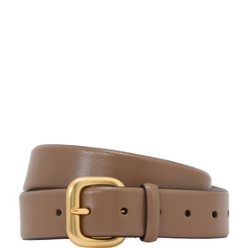 Reiss taupe leather belt with rounded gold-tone buckle, coiled to show punched holes and smooth finish.