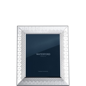 Waterford silver photo frame with embossed diamond-pattern border, landscape orientation, displayed on white background
