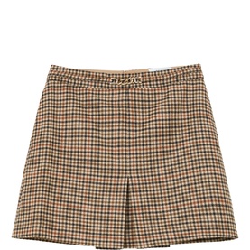 Reiss neutral check mini skirt with pleated hem and gold-tone chain waist detail