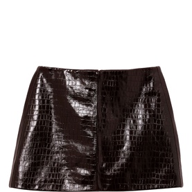 Reiss burgundy croc-effect patent mini skirt with central zip fastening, flat lay view
