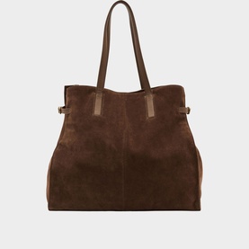 Reiss brown suede tote bag with double shoulder straps, gold-tone hardware tab details and structured silhouette