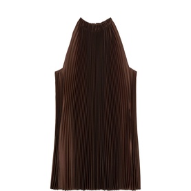 Reiss Mocha Brown pleated halterneck mini dress with all-over accordion pleating and open back