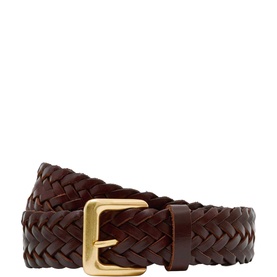 Reiss brown woven leather belt with gold-tone square buckle