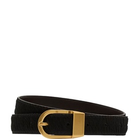 Reiss black textured leather belt with gold-tone oval buckle, reversible with dark brown reverse side