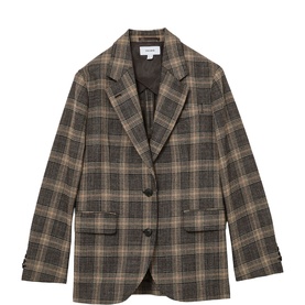 Reiss brown check woven blazer with notch lapels, two-button fastening, and flap pockets
