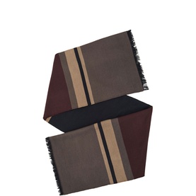 Reiss grey and neutral striped scarf with burgundy and black colour block panels and fringe trim ends