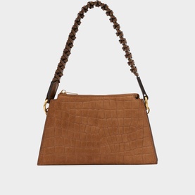 Reiss brown croc-embossed shoulder bag with braided strap, gold-tone hardware, and zip closure.