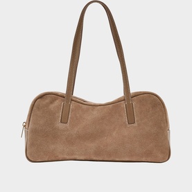 Reiss taupe suede shoulder bag with dual top handles, zip fastening, and whipstitch trim detail