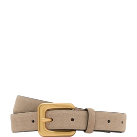 Reiss grey suede belt with gold-tone rectangular buckle, rolled flat to show texture and punched eyelet detail.