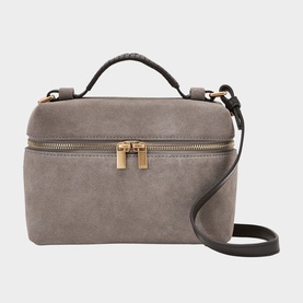 Reiss grey suede crossbody box bag with gold-tone zip and lock hardware, top handle, and detachable shoulder strap