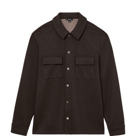 Reiss dark brown overshirt with twin chest pockets, point collar, and silver snap buttons, long-sleeved