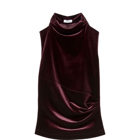 Reiss burgundy velvet sleeveless mini dress with cowl neckline and draped front detail