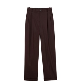 Reiss Dark Aubergine wide-leg tailored trousers with front pleats, belt loops, and button fastening waistband.