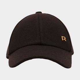 Reiss chocolate brown baseball cap with gold embroidered R logo on front panel, structured crown and curved brim.