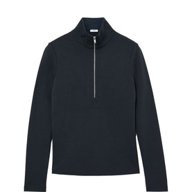 Reiss navy half-zip funnel neck long sleeve top with gold-tone zip pull, in a slim ribbed fabric