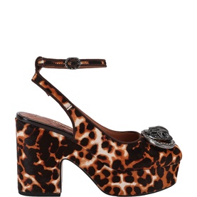 Kurt Geiger London brown leopard print platform sandal with block heel, ankle strap, and silver embellished buckle detail