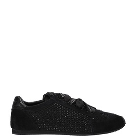 Kurt Geiger London black suede sneakers with all-over crystal embellishment, ribbon laces, and black rubber sole.