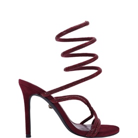 Kurt Geiger London burgundy suede stiletto sandal with crystal-embellished spiral wrap ankle strap and strappy open toe