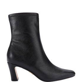 Steve Madden black leather ankle boot with pointed toe, block heel, and whipstitch trim at topline, side profile view