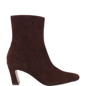 Steve Madden brown suede ankle boot with block heel, pointed toe, and side zip fastening