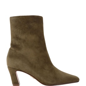 Steve Madden green suede ankle boot with pointed toe and block heel, side zip fastening