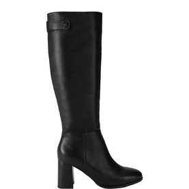 Kurt Geiger London black leather knee-high block heel boot with buckle strap detail at calf and block heel