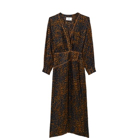 Bash blue long-sleeve midi dress with abstract print, V-neckline, and twisted front detail