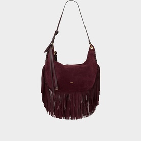 Bash burgundy suede fringe hobo bag with gold hardware and adjustable shoulder strap