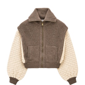 Bash brown two-tone knit zip-up jacket with ribbed body, cream textured balloon sleeves, and gold zip fastening