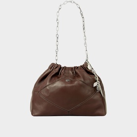 Bash Dump bag in brown leather with ruched top, chunky silver chain strap and silver charm detail
