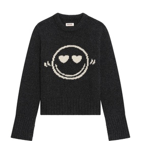 Zadig grey cropped knit jumper with cream intarsia smiley face and heart eyes motif, crew neck, long sleeves