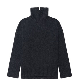 Dark navy marl knit turtleneck jumper with ribbed collar, cuffs and hem, relaxed fit, subtle back neck detail
