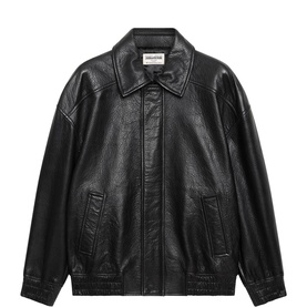 Black leather bomber jacket with zip front, spread collar, and flap pockets, laid flat on white background