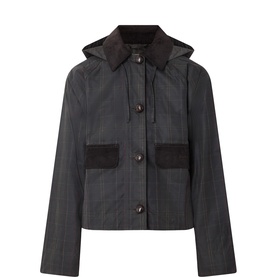 Barbour women's olive cotton jacket with corduroy collar, patch pockets, button front, and detachable hood