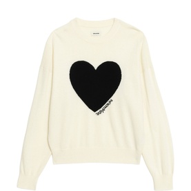 Zadig white knit jumper with oversized black heart graphic and logo script, crew neck, long sleeves