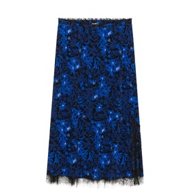 Zadig blue floral lace midi skirt with black lace trim hem and all-over botanical print