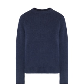 Edwin crew neck knit jumper in navy, ribbed cuffs, hem and collar, relaxed fit, 80% wool blend