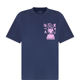 Edwin Crew Neck T in Maritime Blue, pink Japanese graphic print on chest, short sleeves, relaxed fit