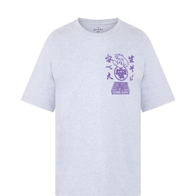 Edwin Grey Marl crew neck T-shirt with purple Japanese graphic and logo print on chest, 100% cotton