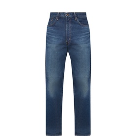 Edwin 3049 Loose Jeans in Dark Used Blue, 100% cotton, five-pocket styling with contrast stitching, flat lay view